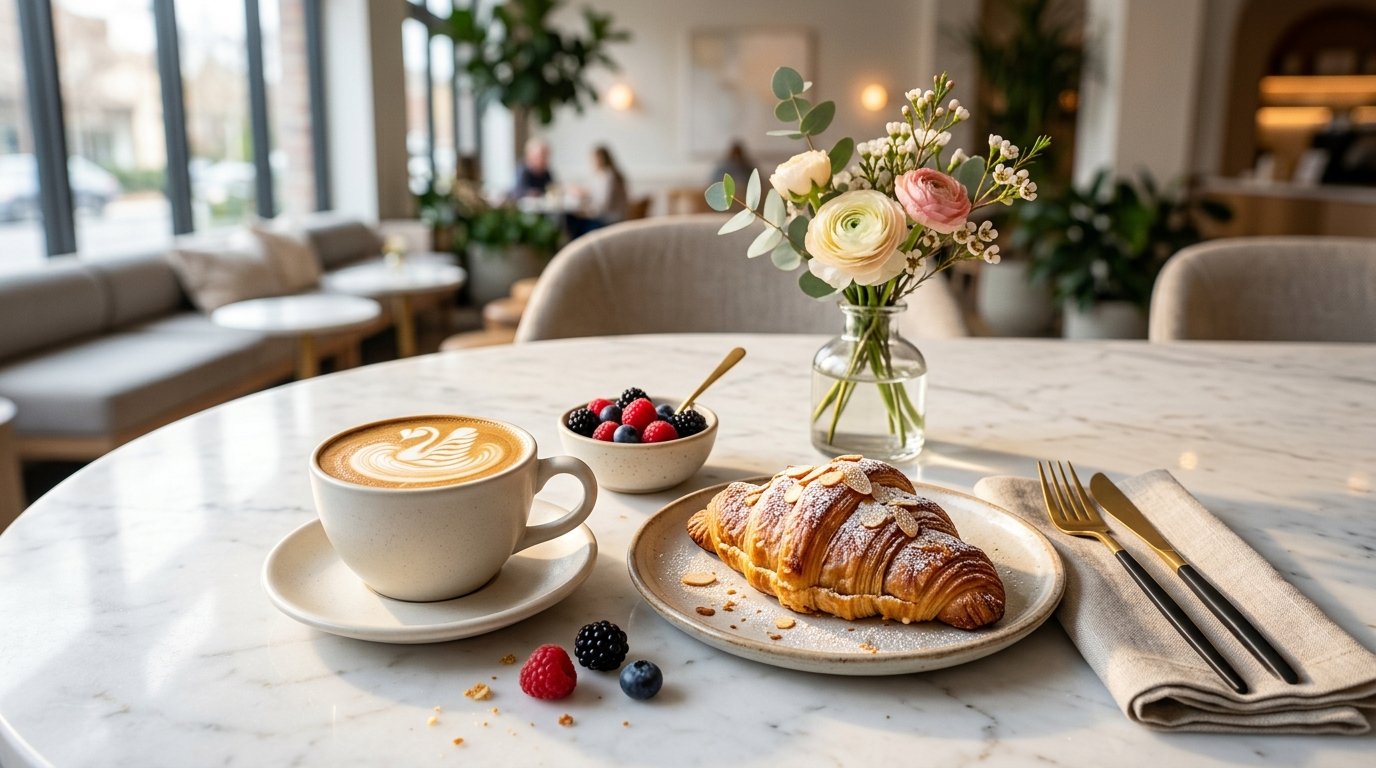 Latte with heart latte art beside an almond croissant
