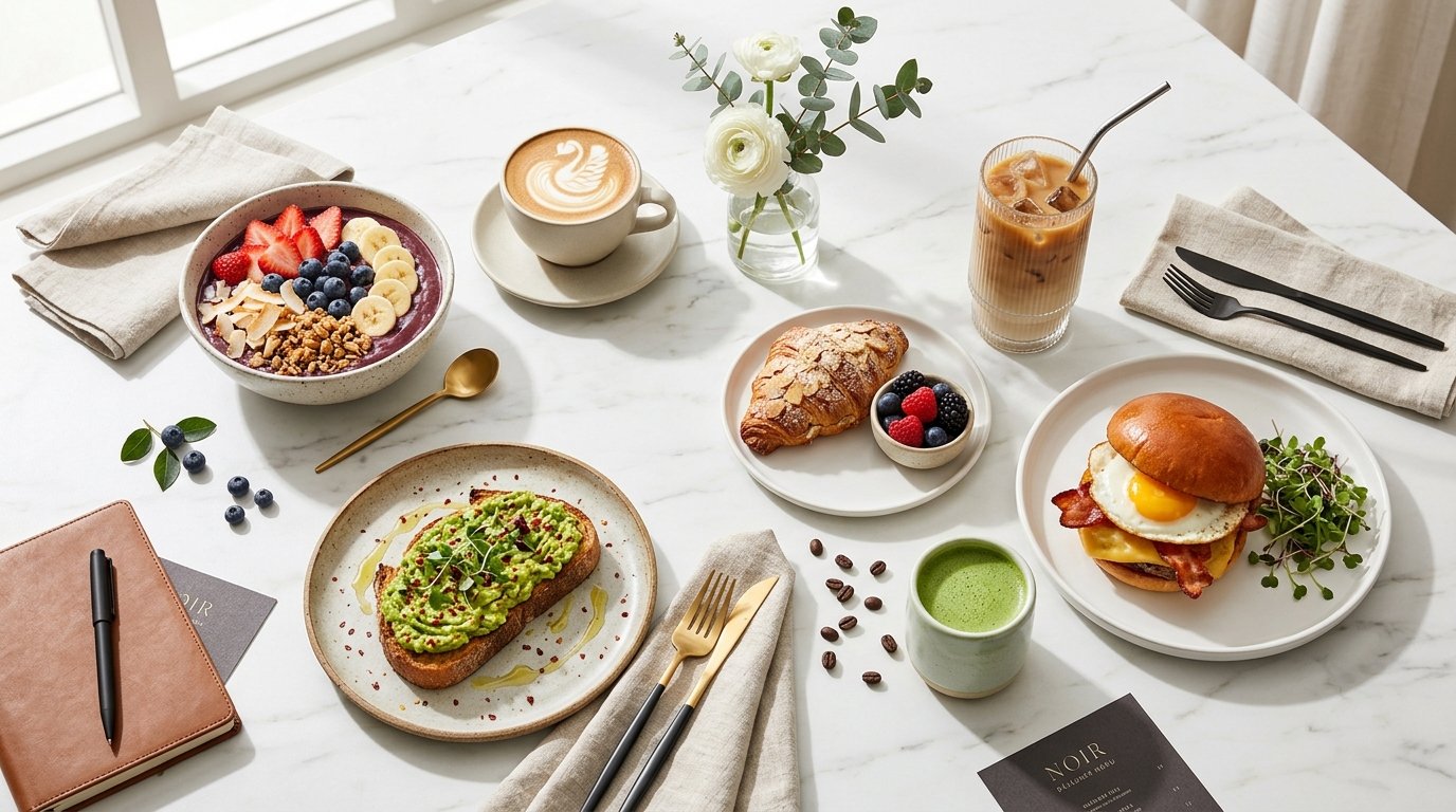 Noir Bakery & Coffee Co. breakfast spread with an acai bowl, latte, croissant, and breakfast sandwich