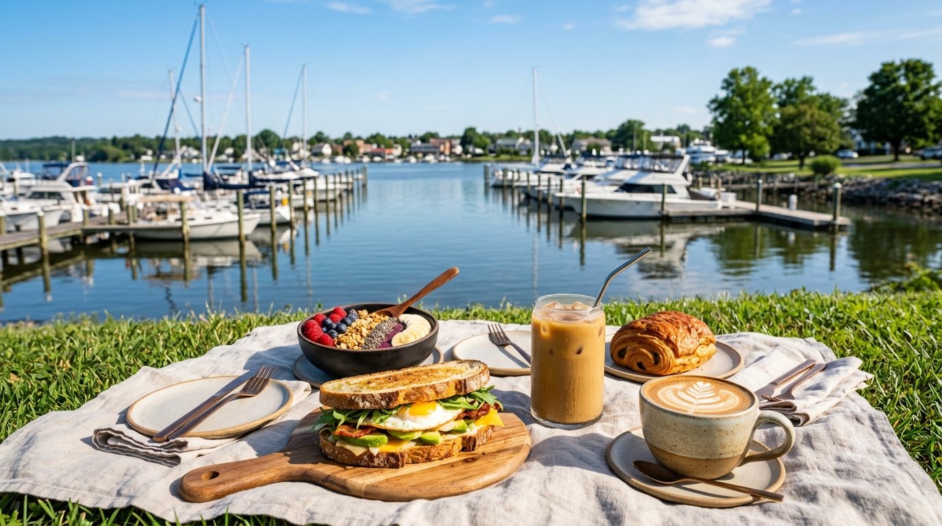 Breakfast sandwich, acai bowl, coffee, and a croissant on a waterfront picnic blanket in North East, Maryland