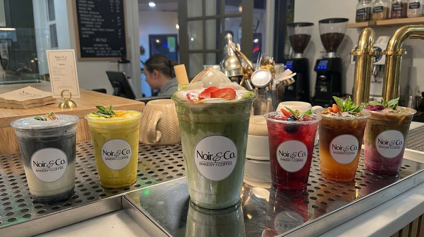 A lineup of colorful specialty organic drinks at Noir Bakery & Coffee Co.