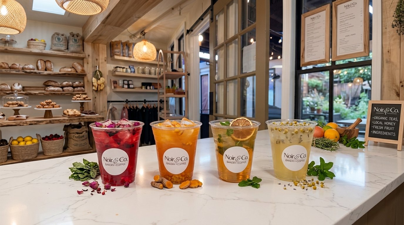 Organic iced teas with fresh fruit and herbs at Noir Bakery & Coffee Co.