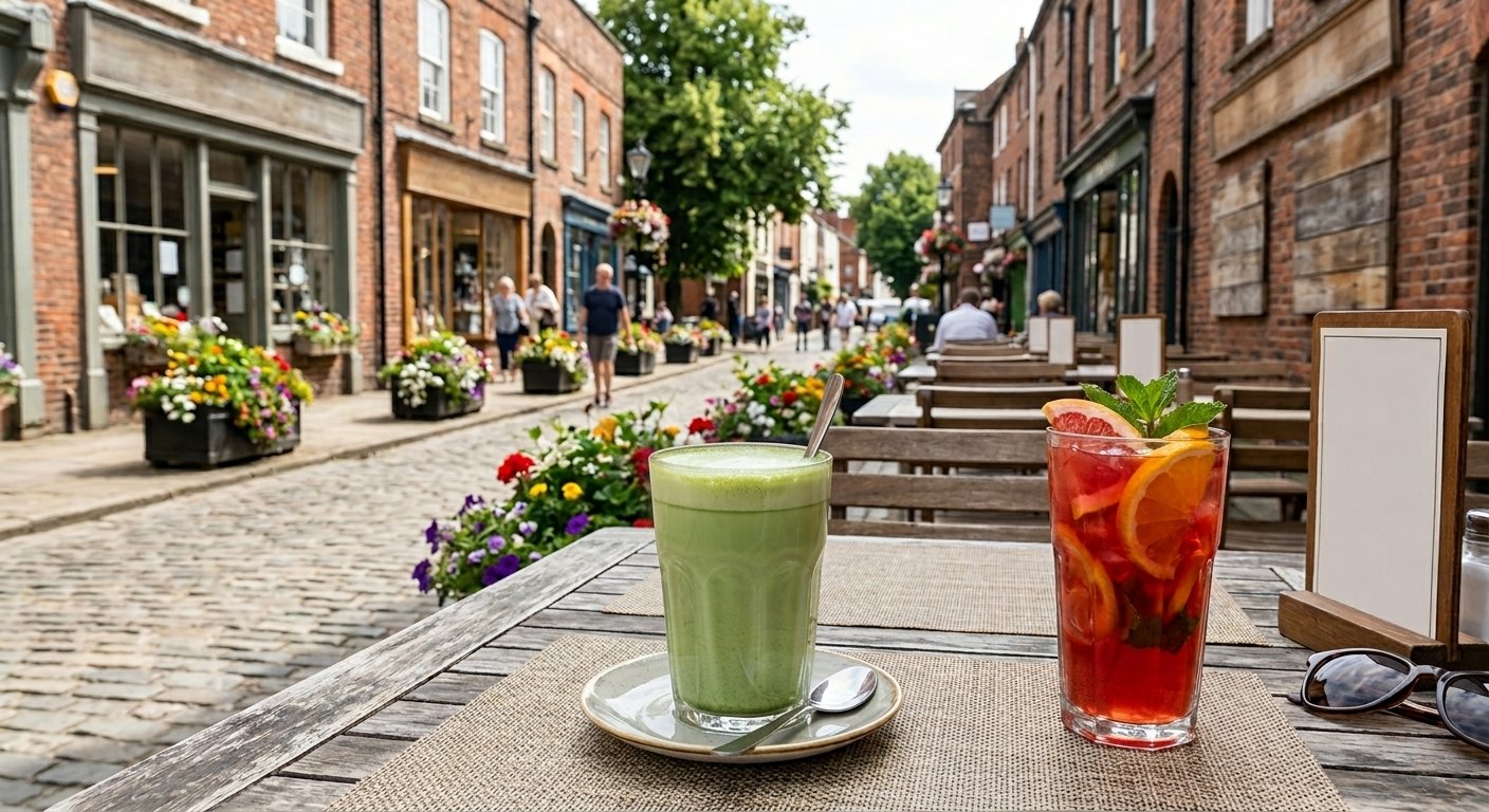 Matcha latte and a fruit refresher on an outdoor café table along a charming shopping street