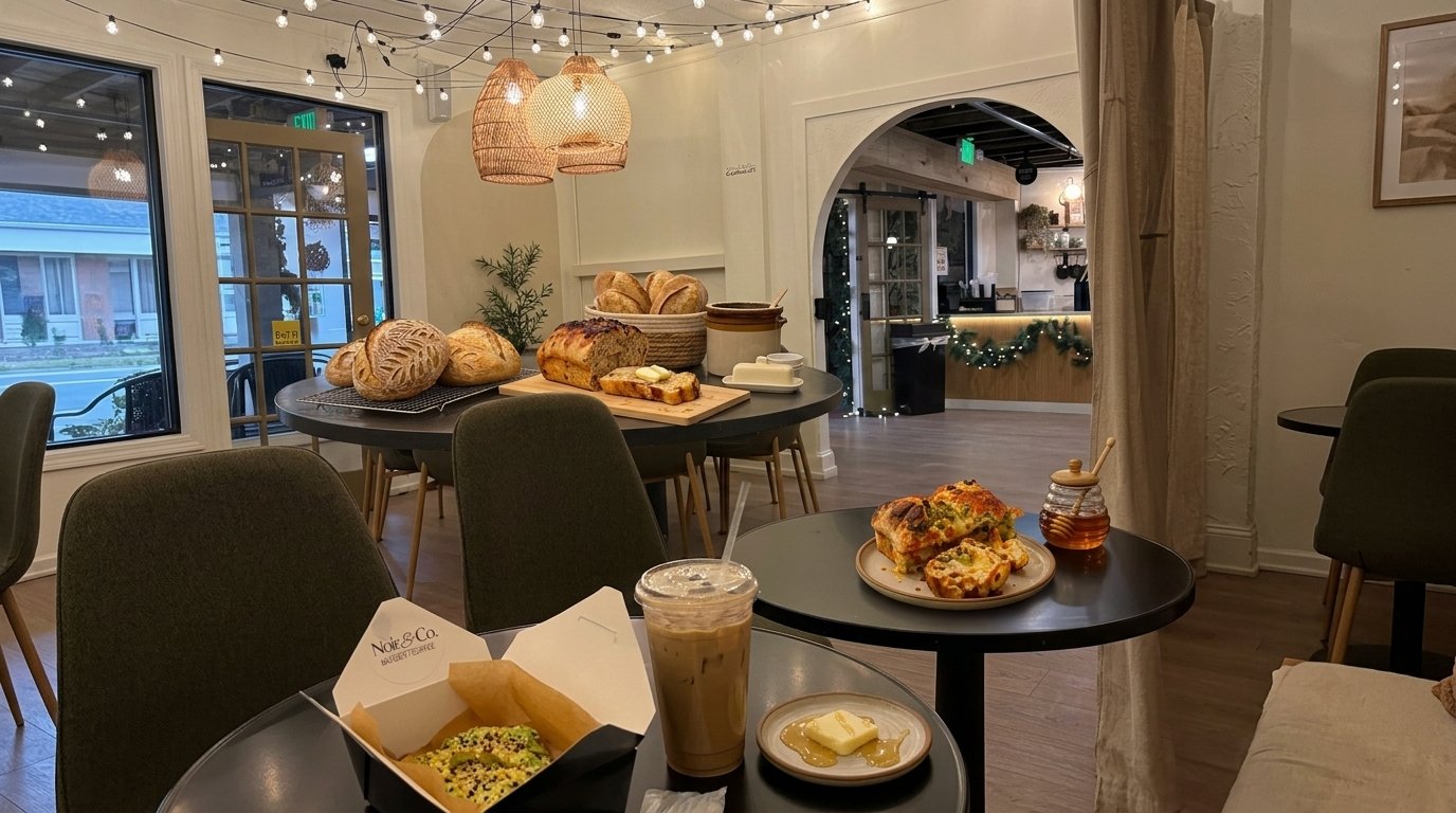 Fresh sourdough loaves, a breakfast bake, and an iced latte at Noir Bakery & Coffee Co.